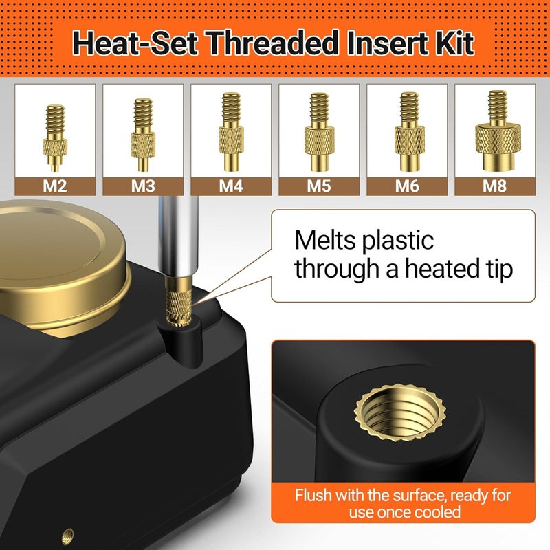 Preciva Heat-Set Insert Tip Set - Soldering Iron with 350Pcs Thread Inserts, 6Pcs Heat-Set Insert Tips (M2 M3 M4 M5 M6 M8), 2Pcs Soldering Tip Connecting Rods and 1Pc Tweezers - Image 2